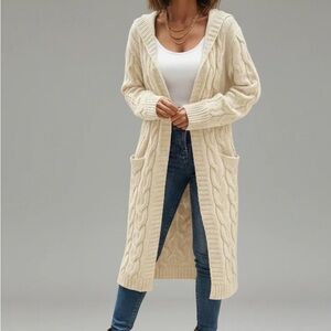 Cozy Cream Cable Knit Cardigan Open Front Duster Long Nordic Fisherman's S NEW